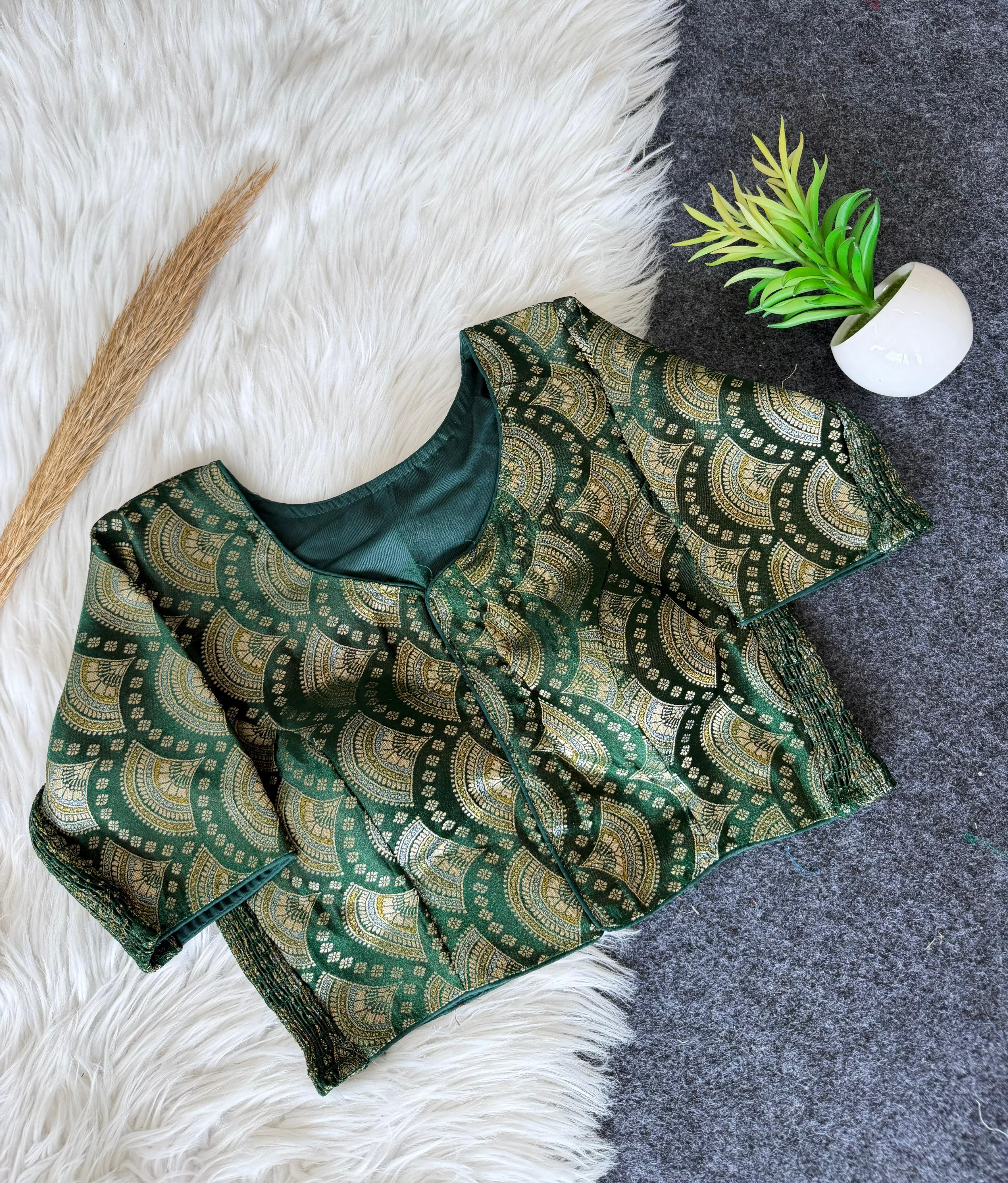 Side Elastic Banarasi Blouse - Green
